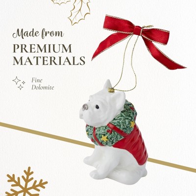 Festive French Bulldog Porcelain Christmas Ornament with Red Bow