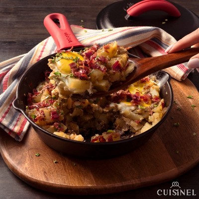 14-Piece Black Cast Iron Skillet Set with Lids and Red Silicone Handles