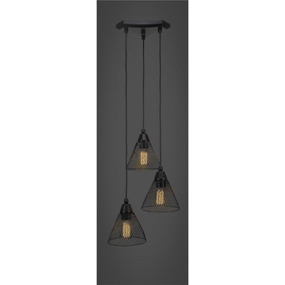 Toltec Lighting Europa 3 - Light Pendant in  Matte Black with 7" Matte Black Cone Mesh Metal Shade Shade