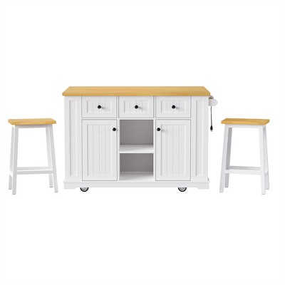 OUTSUPPLY Large Kitchen Island Set with 2 Bar Stools, Drop Leaf, 5 Wheels, Internal Storage Racks, 3 Drawers for Kitchen Dining Room