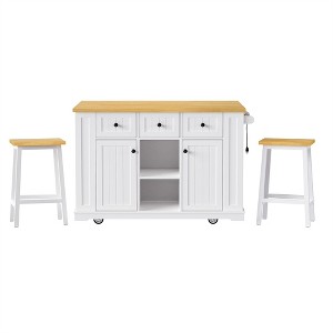 OUTSUPPLY Large Kitchen Island Set with 2 Bar Stools, Drop Leaf, 5 Wheels, Internal Storage Racks, 3 Drawers for Kitchen Dining Room - 1 of 4