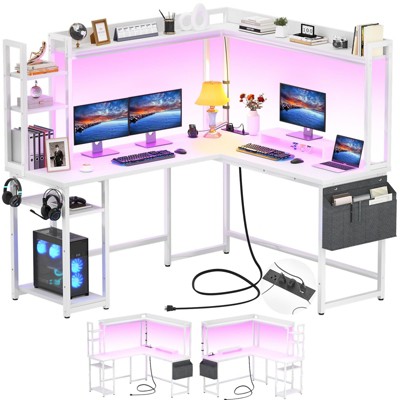 Besiost Corner Computer Desk with Hutch and Led Lights, L-Shaped Desk with Power Outlet