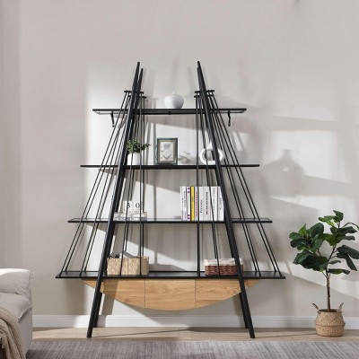 Modern Open Storage Bookshelf,4-Tier Wood Bookshelf with Metal Shelves and Storage Drawer,Freestanding Decoration Display Rack-Baofuwish