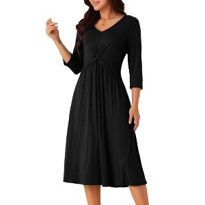 Seta T Women's Twist Knot Front V Neck 3/4 Sleeve Casual A-line Dresses - 1 of 4