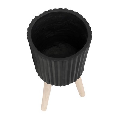 12" Black Ridged Cement Planter with Natural Wood Legs - Set of 2