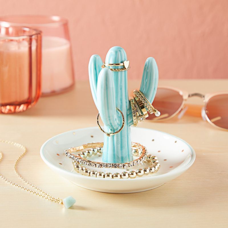 Okuna Outpost Cactus Ring Holder For Jewelry, Organizer Dish for Women, Wedding Decor, Birthday Gift, Earrings, Necklace, Bracelet (Teal, 5x4 in), 2 of 9