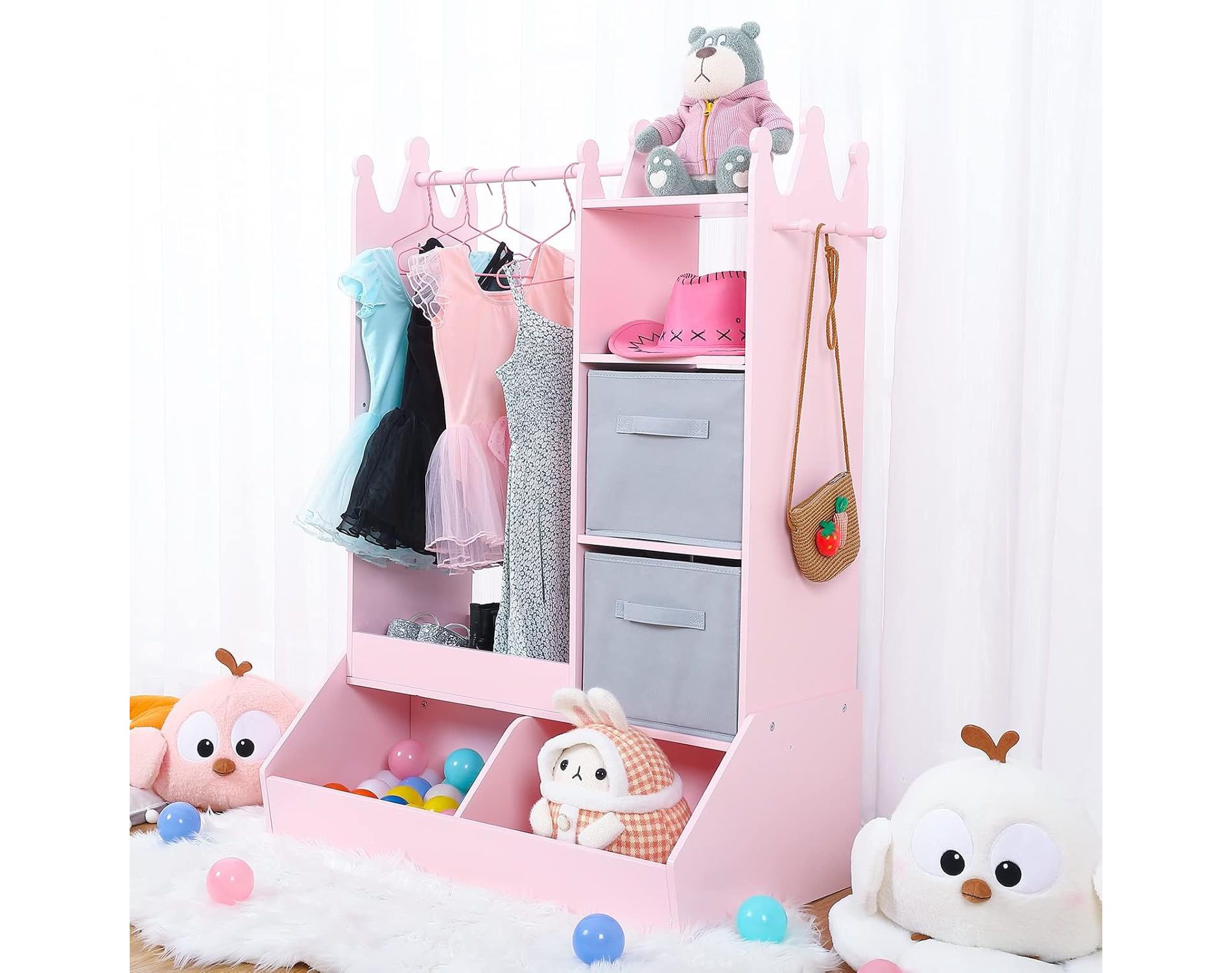 Girls Dress Up Storage Armoire - Kids Costume Organizer with Lighted Mirror,Clothing Rack,Open Shelves,Storage Bins & 3 Hooks,White Princess Wardrobe