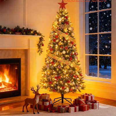 7.5 ft/9 ft Prelit Pencil Snow Flocked Spruce Artificial Christmas Tree w/ Incandescent Warm White Lights & Foldable Stand