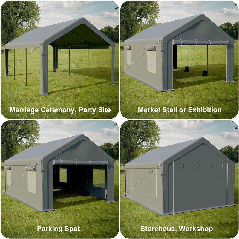 Whizmax 10x20''Carport -Portable Upgraded Garage£¬Heavy Duty Carport with 4 Roll-up Doors & 4 Ventilated Windows,Gray, 5 of 10