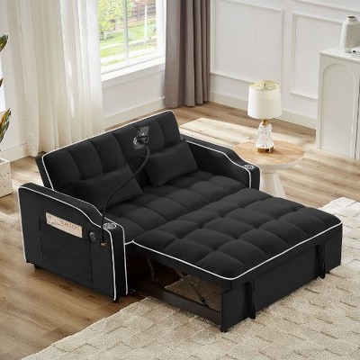 CAVINAS Modern Sofa Velvet Pull-Out Bed, Foldable Sofa Bed, Adjustable Back and with USB Port and Ashtray and Swivel Phone Stand