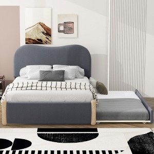 Whisen Twin Size Upholstered Platform Bed with Wood Supporting Feet and Twin Size Trundle - 1 of 4