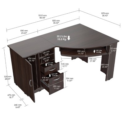 Espresso Wengue L-Shaped Corner Workstation with Drawers & CPU Storage