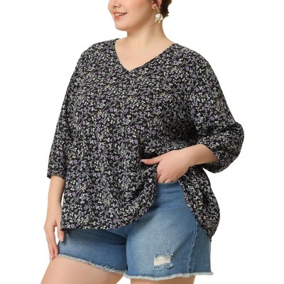 Agnes Orinda Women's Plus Size V Neck Babydoll 3/4 Sleeve Floral Flowy  Blouse Black 1x : Target