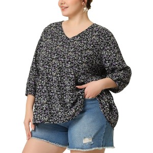 Agnes Orinda Women's Plus Size V Neck Babydoll 3/4 Lantern Sleeve Casual Floral Flowy Blouses - 1 of 4