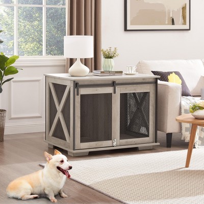 FURNIinspire Pet Crates And Houses Farmhouse Dog Cage Crate Furniture With Sliding Barn Door, Kennel With Flip-Top Plate, Gray, 22.24"*37"*28.74"