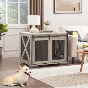 FURNIinspire Pet Crates And Houses Farmhouse Dog Cage Crate Furniture With Sliding Barn Door, Kennel With Flip-Top Plate, Gray, 22.24"*37"*28.74" - 1 of 4