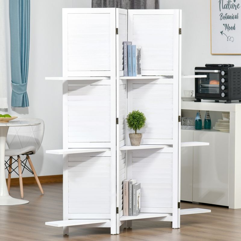 HOMCOM 4 Panel 67" Tall Wood Privacy Screen Room Divider with 3 Display Shelves, and Folding Storage for Bedroom or Home Office, 2 of 7