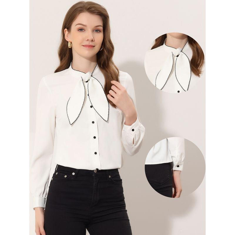 Allegra K Women's Elegant Bow Tie Neck Work Long Sleeve Button Front Shirt, 2 of 6