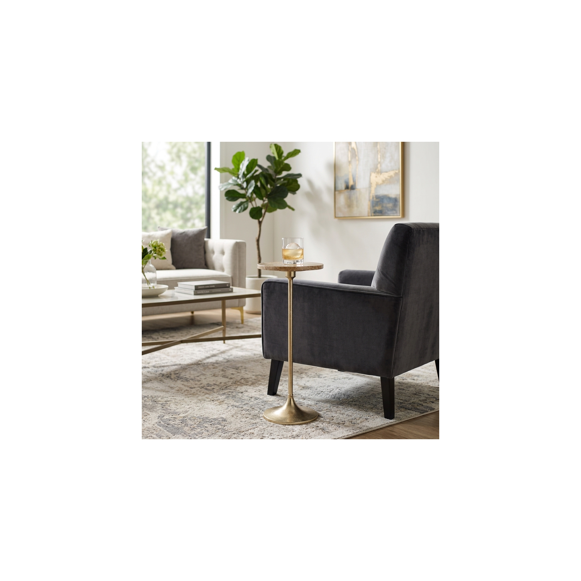 Elegant End Table, Side Table, or Small Night Stand for Room Decor - Slim Metal Drink Table with Marble Top and Trumpet Base - 27" Tan & Gold
