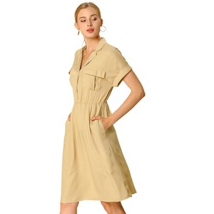 Allegra K Women's Notched Lapel Elastic Waist Pocket A-Line Safari Shirt Dresses - 1 of 4