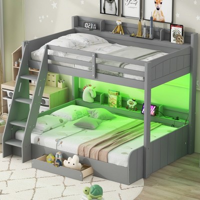 TIRAMISUBEST Twin over Full Bunk Bed with Shelves, Kids Storage Bed Frame with LED, Charging Station and Drawer