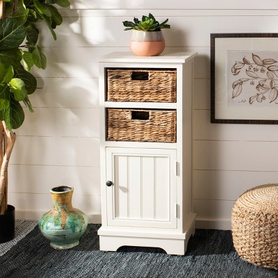Distressed White Pine Accent Cabinet with Wicker Baskets