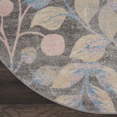 Handmade Round Grey and Beige Floral Synthetic Rug