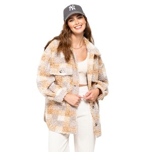 August Sky Women's Plaid Faux Shearling Jacket RJH2001_Taupe Multi_Large - 1 of 4