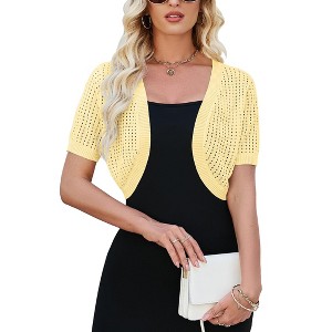 Womens Lightweight Shrugs Short Sleeve Open Front Cropped Cardigan Crochet Knit Sweater - 1 of 4
