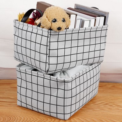 2 Pcs 15.7x11.8x8.3Inch Cotton Foldable Plaids Pattern with Two Handles Storage Bin Box White - PiccoCasa