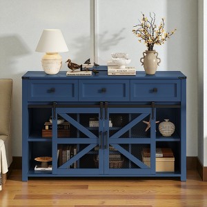 Mshliw 55" Sliding Barn Door Sideboard Buffet Cabinet with 3 Drawers, Adjustable Shelves, Metal Mesh Doors & Aluminum Handles for Dining Room - 1 of 4