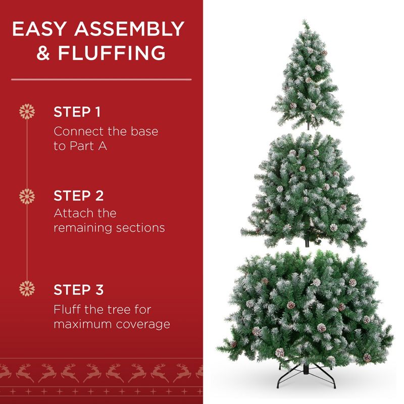 Best Choice Products Pre-Lit Pre-Decorated Holiday Christmas Tree w/ Flocked Tips, Lights, Metal Base, 4 of 10