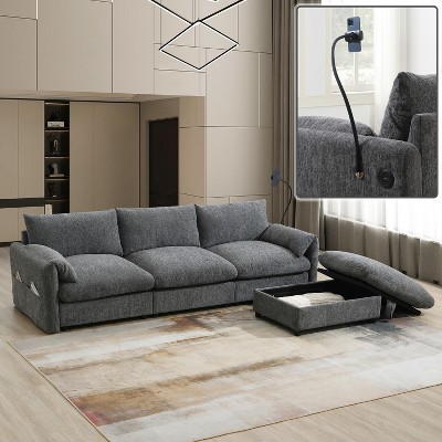 96.5"W Chenille Sectional Sofa with Storage Ottoman, Adjustable Phone Holder, USB Charger, L-Shaped Comfy Couch for Living Room - ModernLuxe
