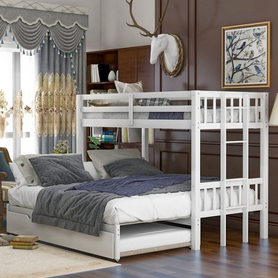 Twin Over Pull-Out Bunk Bed Platform Bed Frame With Ladder Trundle Bed With Safety Guardrail Accommodate 4 People Extendable Bunk Beds For Kids Teens