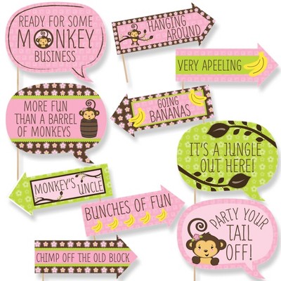 Big Dot of Happiness Funny Pink Monkey Girl - Baby Shower or Birthday Party Photo Booth Props Kit - 10 Piece