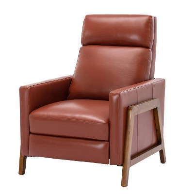 Modern Caramel Leather and Wood Push Back Recliner