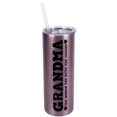 Elanze Designs Rose Gold 20 Ounce Double Wall Stainless Steel Glitter Travel Tumbler With Sliding Lid And Straw, Grandma The Woman The Myth The Legend