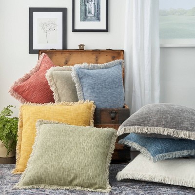 Taupe Stonewash Cotton Throw Pillow with Fringe Edges, 22" x 22"