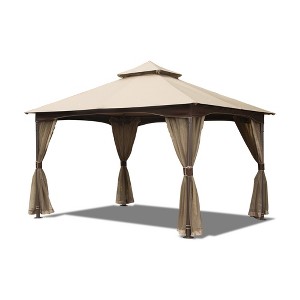 Gulches 10'x13' Outdoor Gazebo with Mosquito Netting, Metal Frame Double Roof Soft Top Canopy Tent for Decks, Backyards, Gardens, Khaki - 1 of 4