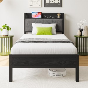 GDFStudio Lyra Modern Metal and Wooden Platform Bed Frame with Storage Headboard and Charging Station - 1 of 4