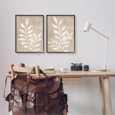 Boho Botanical Leaf Silhouette Beige and White Framed Art Set