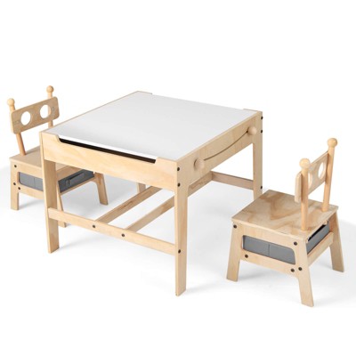 Costway Kids Table and Chairs Set 4 in 1 Children Activity Table with Reversible Whiteboard Gray+Natural/Orange+Natural
