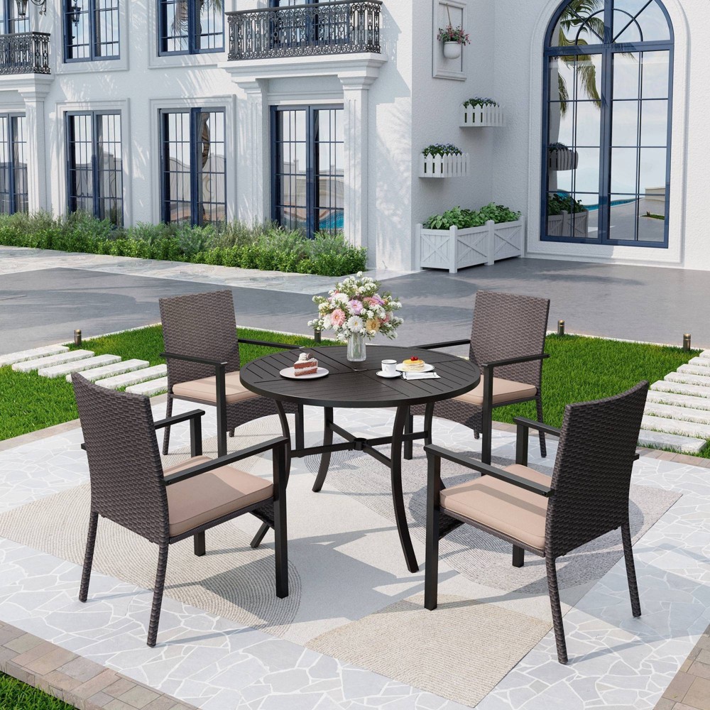 Photos - Dining Table 5pc Outdoor Dining Set: Wicker Chairs with Cushions & Round Metal Table - Captiva Designs