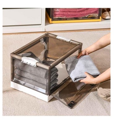 Clear Stackable Foldable Plastic Storage Boxes with Wheels, 19" x 14" x 9"