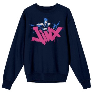 Arcane Jinx, pink moon, graffiti jinx name and icon on navy Adult Crew Neck - 1 of 2