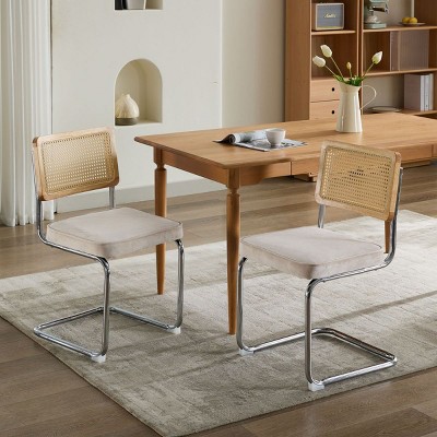 Set of 2 Mid Century Modern Cane Dining Chairs with Velvet Seat and Chrome Cantilever Base,Breuer Rattan Accent Chairs-Baofuwish