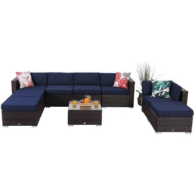 9pc All-Weather Patio Wicker Conversation Set with Cushions - Navy - Captiva Designs