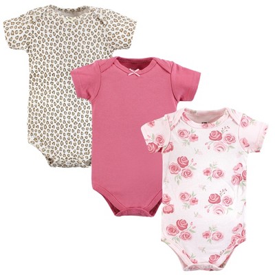 Image of Hudson Baby Infant Girl Cotton Bodysuits, Blush Rose Leopard, 3-6 Months