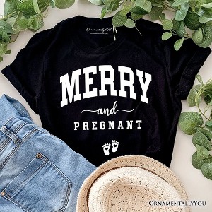 Merry and Pregnant T‑Shirt, Baby Announcement Christmas Tee for New Mom Black XS - 1 of 4