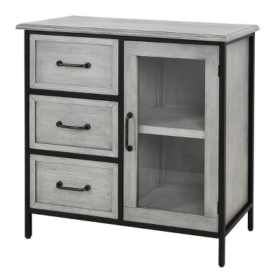 Gray and Black Wood and Metal Cabinet with One Door and Three Drawers